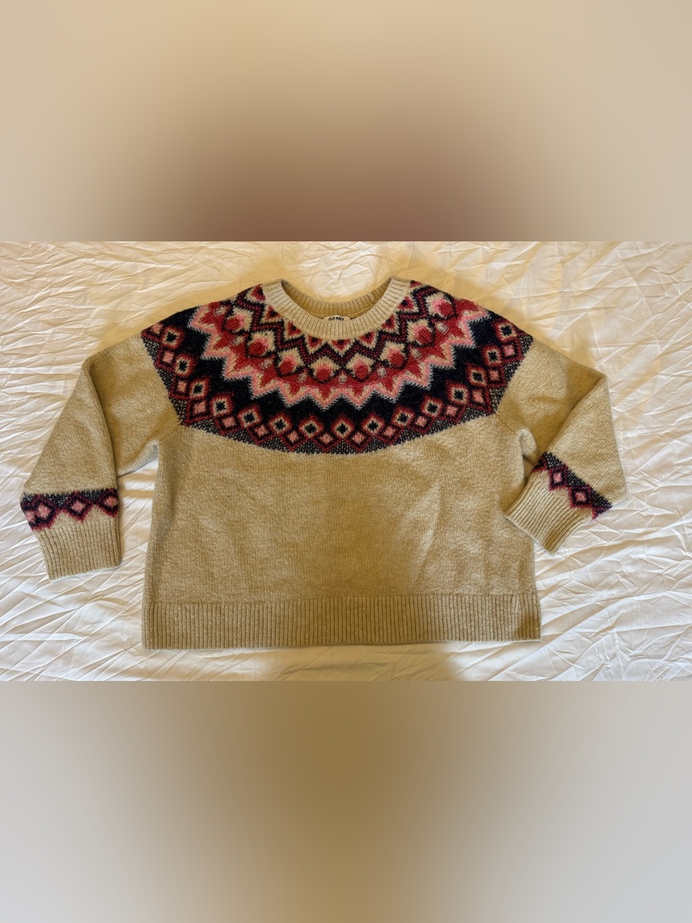 Old Navy Beige Sweater with Pink and Navy Fair Isle size XXL